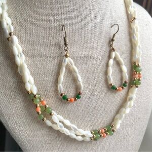 Vintage Beaded tri-strand Pearl, Coral, Jade Necklace and earring set